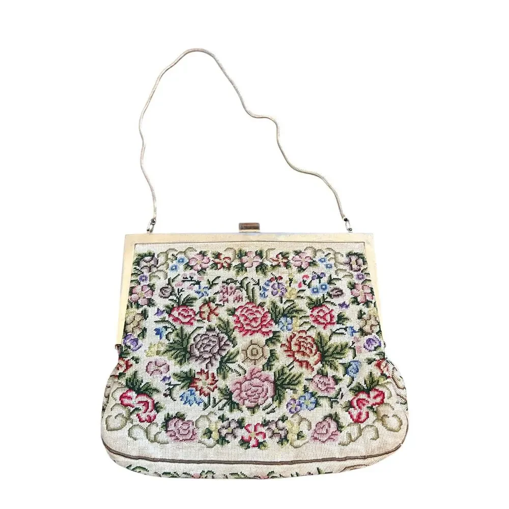 Petite Floral Tapestry Vintage Needlepoint clutch elegant purse gold tone